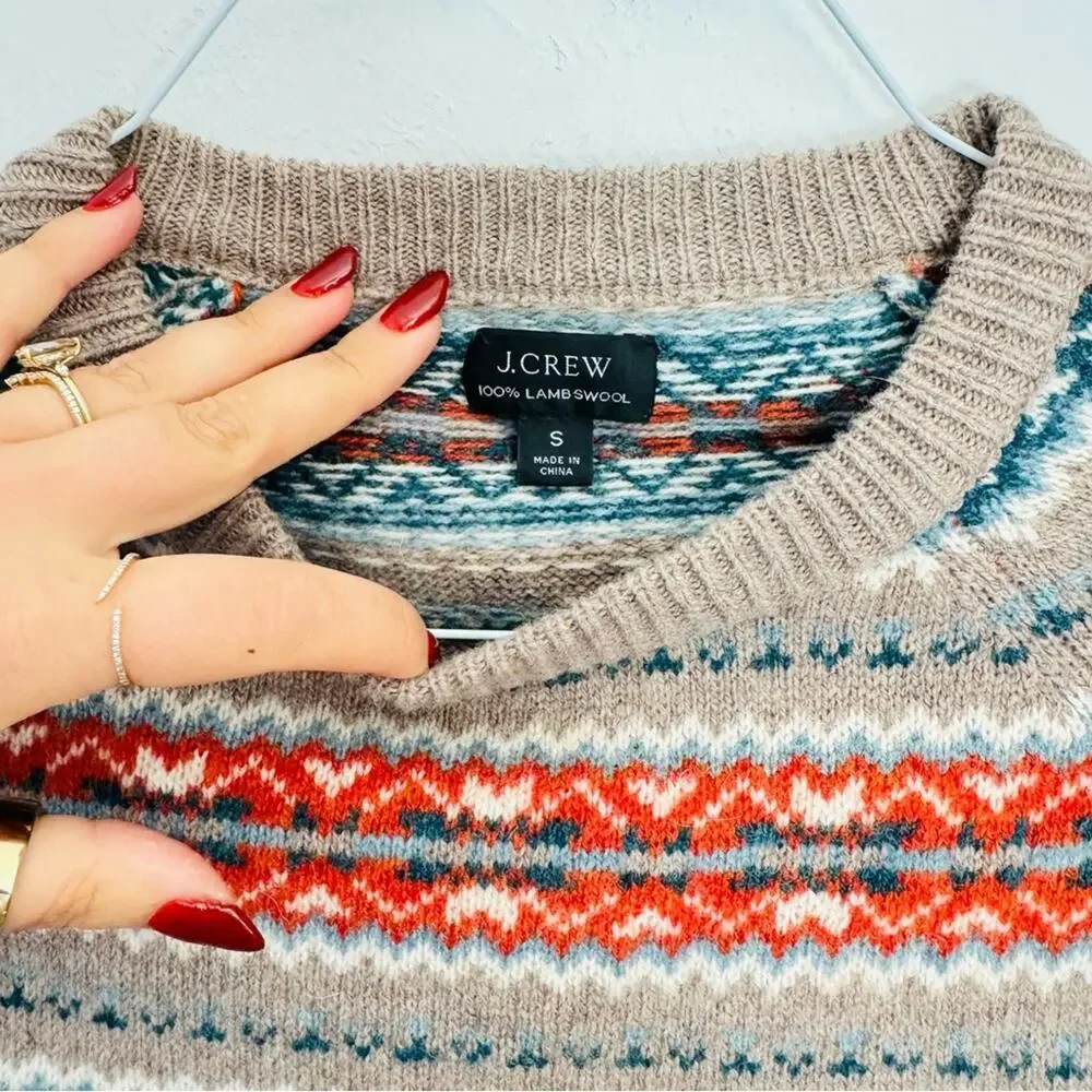 MENS J CREW Beige Tan Blue Fair Isle Wool Stripe Crew $228 Pullover Sweater S